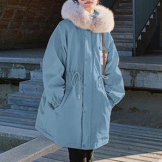 Hooded Fluffy Trim Applique Long Jacket