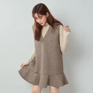 Houndstooth Ruffle Hem Mini Pinafore Dress Khaki - One Size