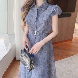 Cap-sleeve Print Midi Shirt Dress Purplish Blue - One Size