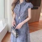 Cap-sleeve Print Midi Shirt Dress Purplish Blue - One Size