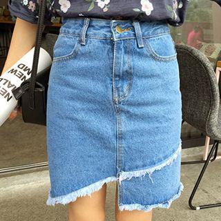 Asymmetric Fray Denim Skirt