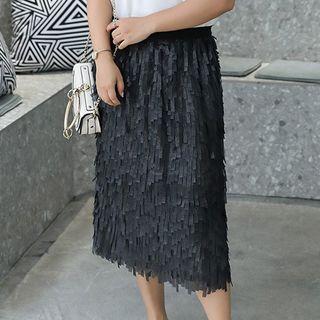 Fringed Trim Midi Straight-fit Skirt