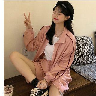 Set: Striped Trim Zip Jacket + Wide-leg Sweatshorts