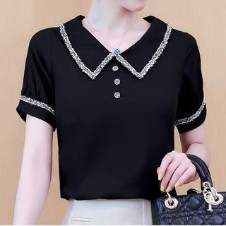 Fray Trim Buttoned Short-sleeve Chiffon Top