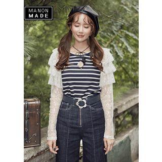 Ruffled Lace-sleeve Stripe Top