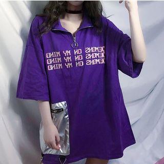 Half Zip Letter Embroidered Elbow-sleeve T-shirt