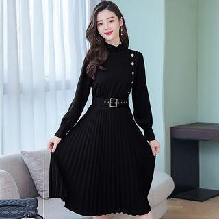 Long-sleeve Chiffon Pleated Midi Dress