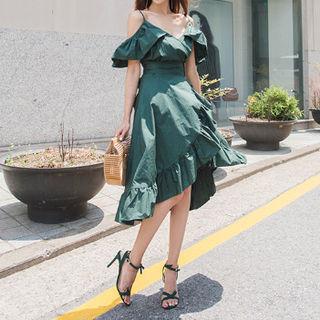 Spaghetti-strap Frilled-trim Midi Dress