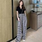 Short-sleeve Top / Plaid Wide-leg Pants