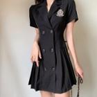 Short-sleeve Logo Embroidered Double-breasted Mini Blazer Dress