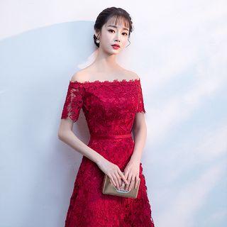 Short-sleeve Lace A-line Midi Evening Dress