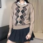 Argyle V-neck Long-sleeve Sweater