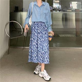 Oversized Long-sleeve Shirt / High-waist Print A-line Maxi Skirt