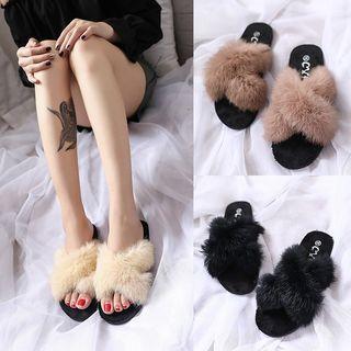 Faux Fur Cross Strap Slippers