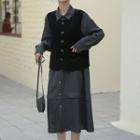Set: Long-sleeve Midi A-line Shirt Dress + Button Vest
