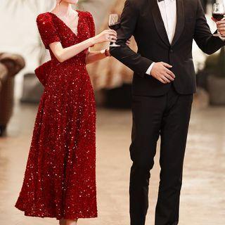 Short-sleeve Sequined A-line Midi Evening Dress