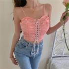 Sleeveless Lace-up Front Shirred Crop Top