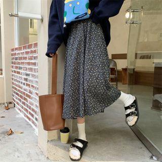 Floral Print Midi A-line Skirt Skirt - Floral Print - Dark Blue - One Size