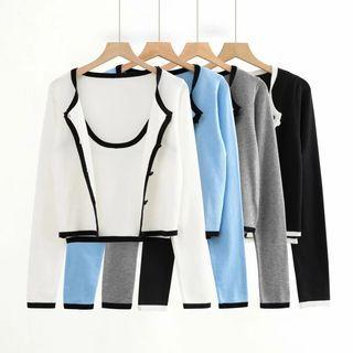 Set: Spaghetti Strap Contrast Trim Top + Cardigan