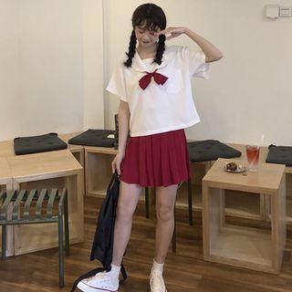 Set: Short-sleeve Sailor Collar Top + Pleated Mini A-line Skirt