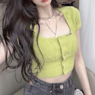 Short-sleeve Square Neck Button-up Knit Crop Top Green - One Size