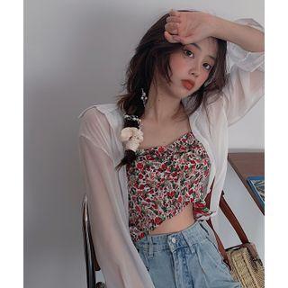 Floral Print Cropped Camisole Top / Mesh Shirt