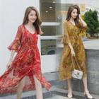 Ruffle Drawstring Printed Chiffon Dress