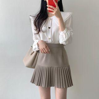Long-sleeve Wide-collar Blouse / Pleated Mini A-line Skirt