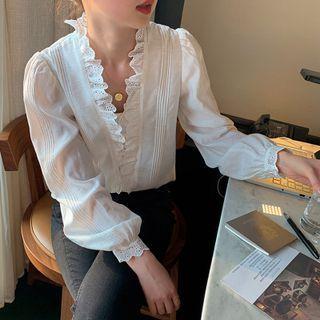 V-neck Eyelet Trim Ruffled Blouse