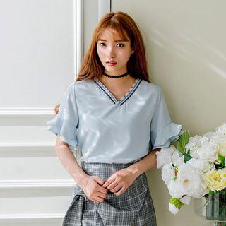 Embroidered Frill-sleeve Top