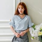Embroidered Frill-sleeve Top