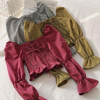 Plaid Ruffled Lantern-sleeve Blouse