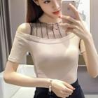 Short-sleeve Cutout Mesh Panel Knit Top