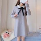 Long-sleeve Bow Accent Mini Knit Dress Gray - One Size