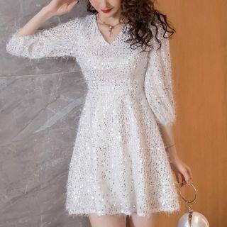 Elbow-sleeve Sequined Furry A-line Mini Dress