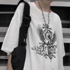 Elbow-sleeve Angel Print T-shirt White - One Size