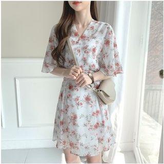 V-neck Floral Print Short-sleeve Mini Dress