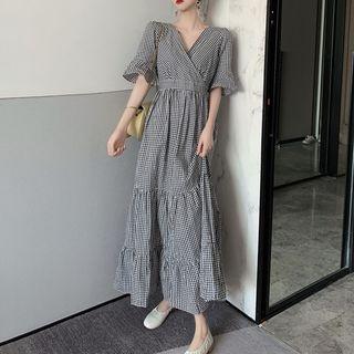 V-neck Plaid Elbow-sleeve Dress As Shown In Figure - One Size