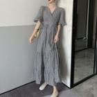 V-neck Plaid Elbow-sleeve Dress As Shown In Figure - One Size