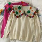 Pompom-accent Dotted-collar Loose Knit Top