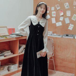 Long-sleeve Mock Two Piece Midi A-liine Dress