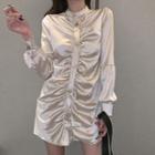 Long-sleeve Satin Mini A-line Shirt Dress Champagne - One Size
