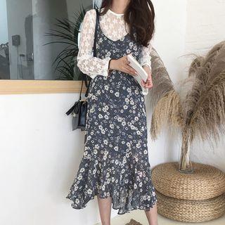 Long-sleeve Lace Top / Strappy Floral Midi Dress