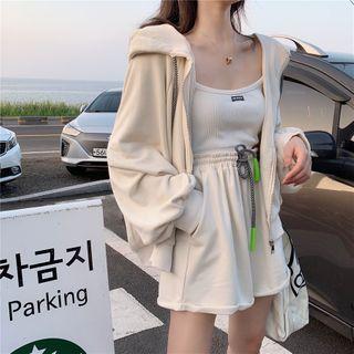 Set : Color-block Hooded Jacket + Wide Leg Shorts