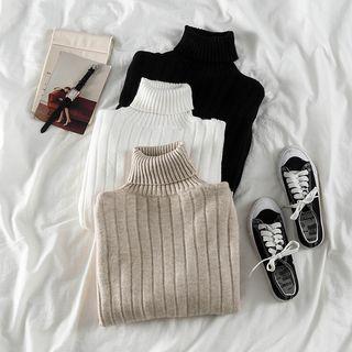 Plain Turtle-neck Puff-sleeve Sweater
