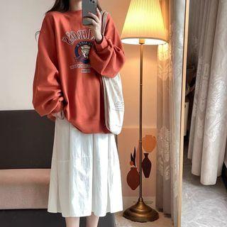 Set: Cartoon Print Sweatshirt + Midi A-line Skirt