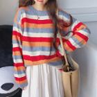 Rainbow Stripe Long-sleeve Knit Top As Shown In Figure - One Size