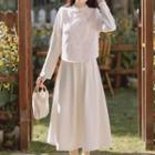 Set: Long-sleeve Fringed Cheongsam Top + Midi A-line Skirt