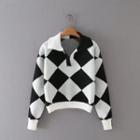 Long-sleeve Argyle Collar Knit Sweater Black & White - One Size