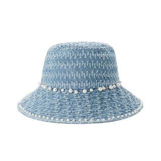 Faux Pearl Distressed Denim Bucket Hat